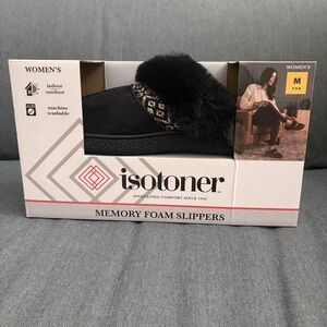 Isotoner Women's Black Slippers with Patterned Trim